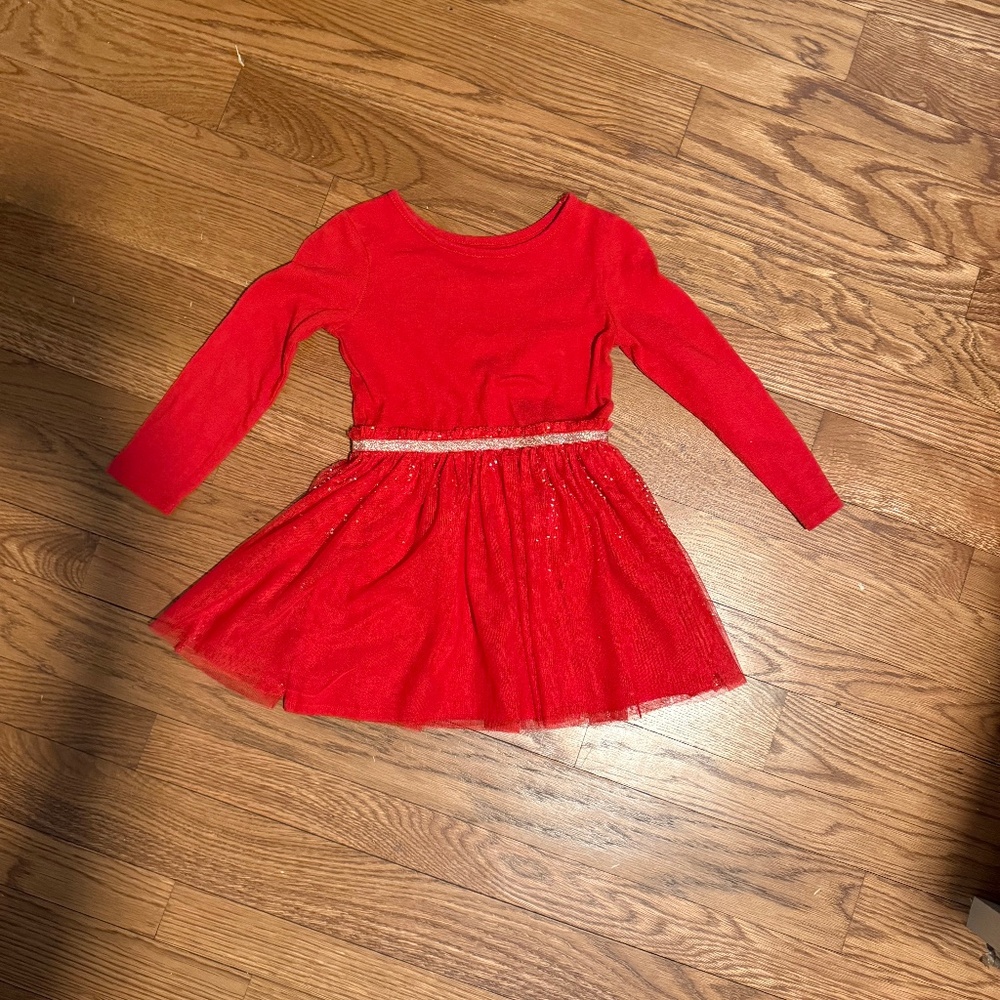 Like New Cat & Jack Long Sleeve Sparkly Tulle Dress - Red, 4T